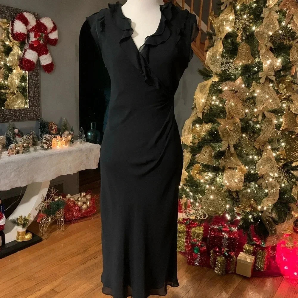 EXPRESS Black Silk Shift Midi Dress Faux Wrap Whimsical Goth Witchy Size 5/6